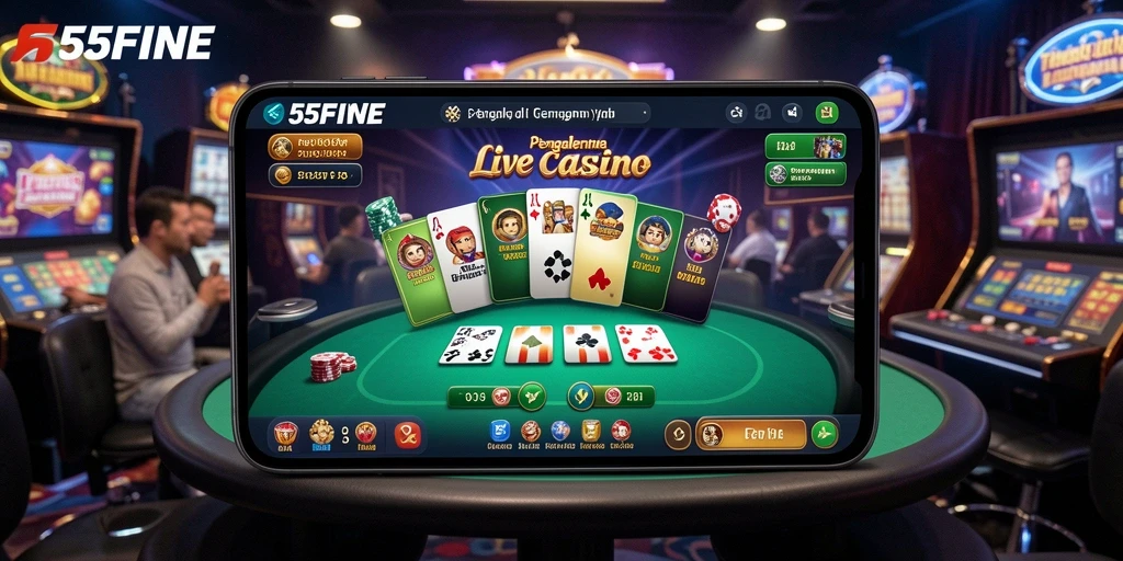 Screenshot gameplay Live Casino 55FIVE menampilkan dealer professional dan suasana kasino yang nyata.
