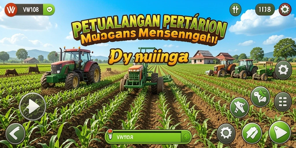Screenshot gameplay yang menampilkan kebun yang subur dan hewan ternak.